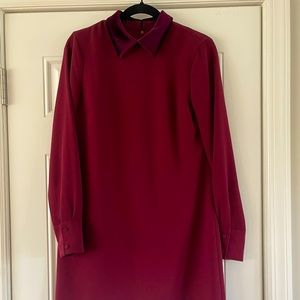 Deep burgundy knee length dress with velvet collar detail.